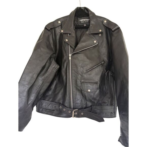 Unik Mens Black Leather Zip Front Belted Biker Motorcycle Jacket Size 56 3XL - Picture 3 of 14